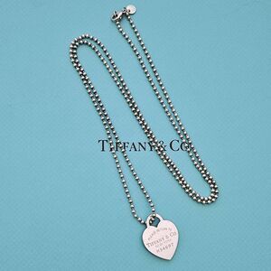 Vtg Tiffany & Co. Please RTT Large Heart Tag Pendant Long Beaded Chain Necklace